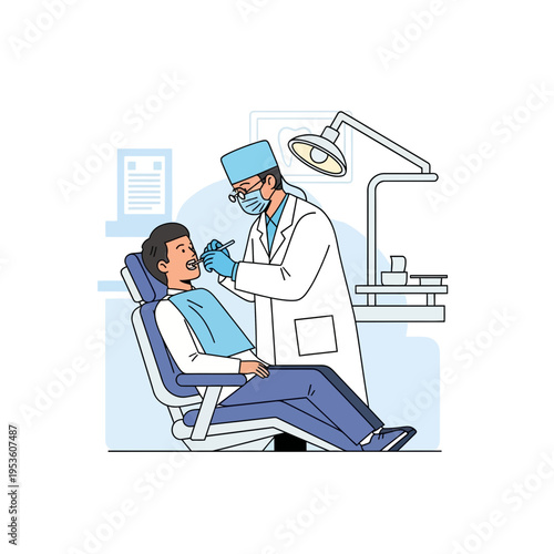A dentist is examining a patient's teeth with dental tools while the patient sits in a dental chair in a clinic.