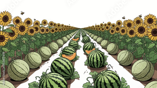 Watermelons and sunflowers in a farm field.