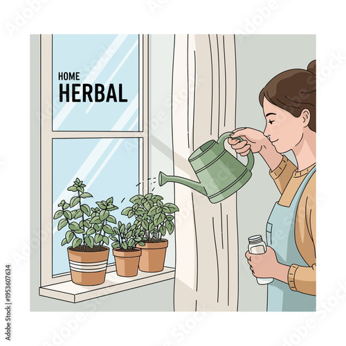 Woman watering potted herbs on a windowsill, indoors, representing home cultivation