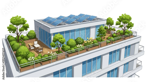 Modern Building with Rooftop Garden and Solar Panels.