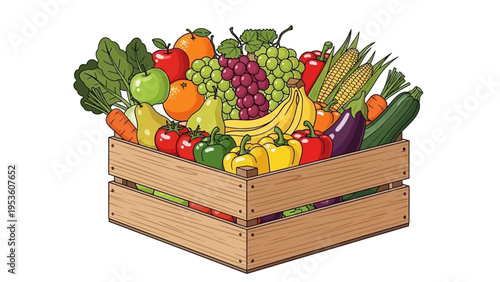 Colorful Fresh Fruits and Vegetables in Crate.