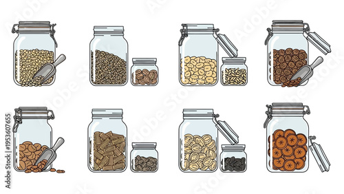 Collection of Jars with Various Grains and Legumes.