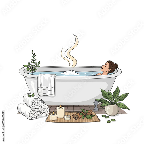 Woman relaxing in a steamy herbal bath with candles and towels