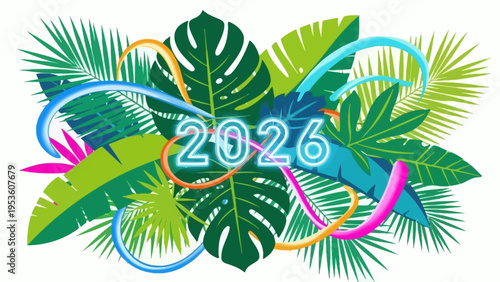 Tropical Leaves with 2026 Text Design.
