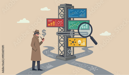 Search corporate marketing right success plaining achievement growth project with magnifying glass smoking pipe with dollar sign smoke