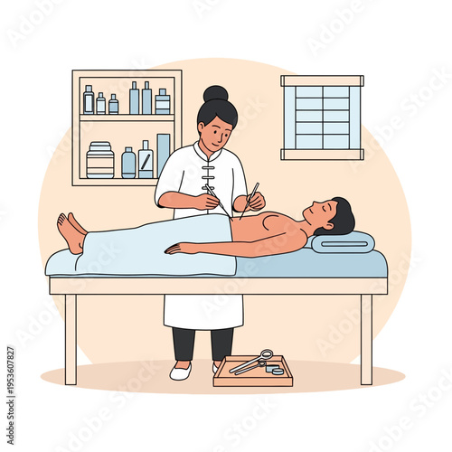 Acupuncturist performing needle therapy on a patient lying on a treatment table in a clinic room