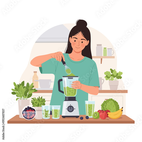A woman preparing a healthy green smoothie in her bright kitchen with fresh ingredients.