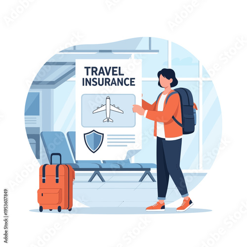 Traveler with Suitcase and Backpack Holding Travel Insurance Document in Airport Terminal