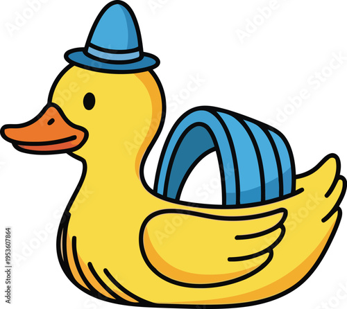 Cute Yellow Rubber Duck with Blue Hat and Handle Cartoon Vector Illustration for Kids