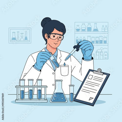 Scientist diligently conducting experiments with liquid samples in a bright, modern laboratory setting