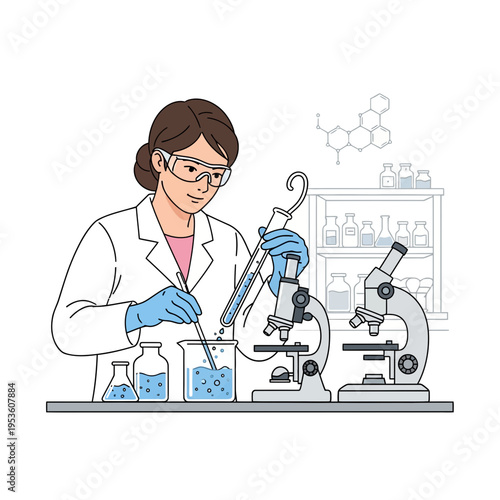 A Woman Scientist Conducting an Experiment with Microscopes and Glassware in a Laboratory Setting