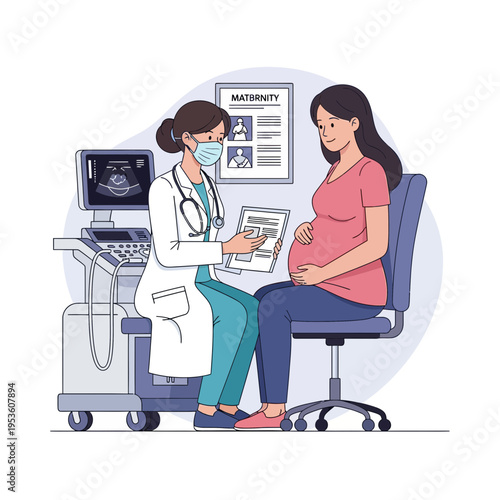 Pregnant Woman Consults Doctor with Ultrasound Machine at Clinic