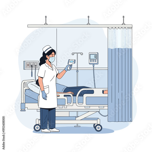 Nurse checking patient temperature with a thermometer in a hospital room.