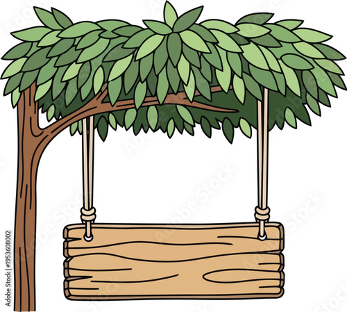 Cartoon Wooden Tree Swing Hanging from Branch with Green Leaves Isolated on White Background