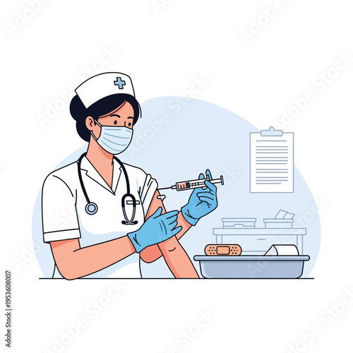 Nurse administering vaccine injection with syringe and medical supplies