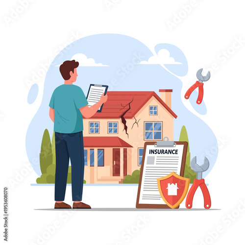 Homeowner inspecting cracked house for insurance claim with repair tools and policy document