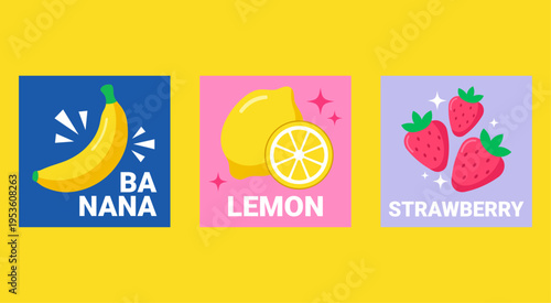 Fruit label cards with banana, lemon and strawberry vector illustration set