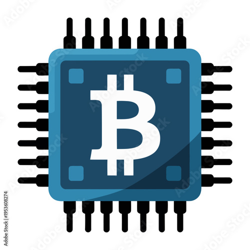 Digital vector of a dark blue computer chip featuring a bitcoin logo