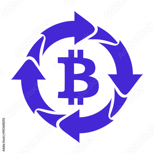 Vector with a bitcoin symbol surrounded by circular arrows indicating movement