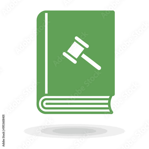 Green vector book with a white gavel symbolizing law and justice