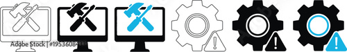 Modern Computer Repair and System Maintenance Vector Icons with Gear Warning and Service Tools