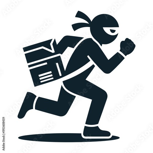 Vector of a masked thief running with a stolen box under their arm