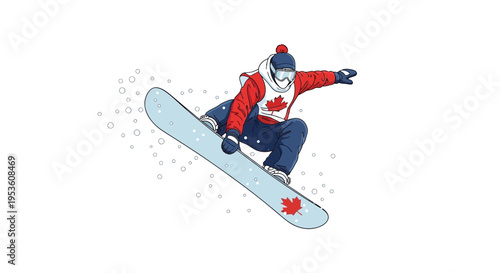 Canadian Snowboarder Performing Trick with Maple Leaf Emblem