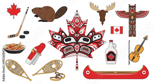 Canadian Symbols Collage: Maple Leaf, Beaver, Moose, Canoe, Hockey & More
