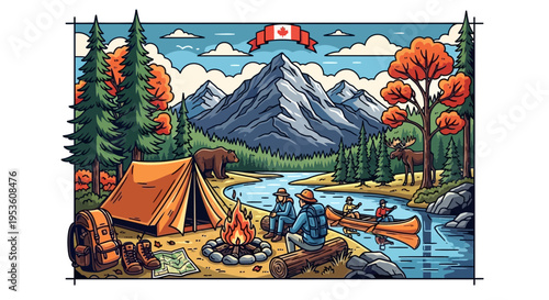 Canadian Wilderness Camping Scene: Mountains, River, Tent, Canoe, Wildlife