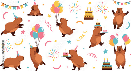 Set of cute capybara birthday party illustrations with balloons, cakes, confetti and festive elements in colorful cartoon vector style