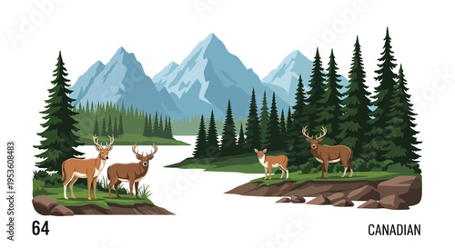Canadian Wilderness Landscape with Deer and Mountains