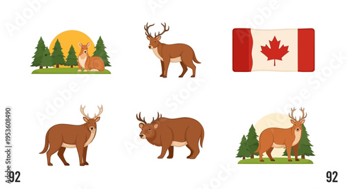 Canadian Wildlife: Deer and Maple Leaf Flag Illustration Set