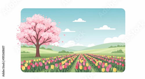 Scenic landscape with blooming cherry blossom tree and vibrant flower field under clear sky