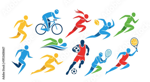 Colorful Sports Icons: Running, Cycling, Swimming, Soccer, Tennis, Rugby