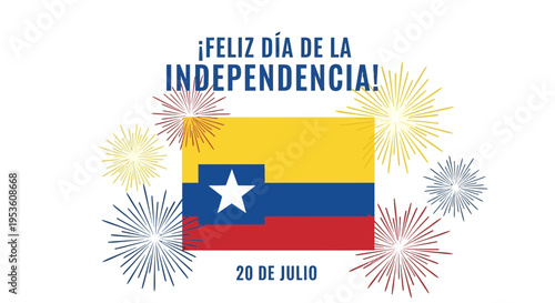 Colombia Independence Day Greeting with Flag and Fireworks