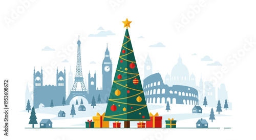 Christmas Tree & European Landmarks Silhouette, Winter Holiday Celebration