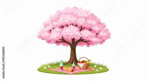 Serene scene of a cherry blossom tree in full bloom with park benches and a swing on a sunny day Depicts tranquility and natural beauty for outdoor