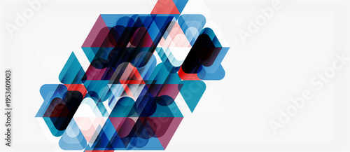 Abstract geometric shapes overlap, creating layered visual effect. Blues, reds, whites dominate composition. Modern design element.