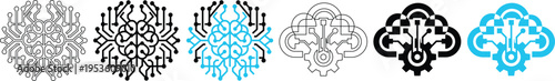 Artificial intelligence brain and cloud computing circuit icon set for digital technology