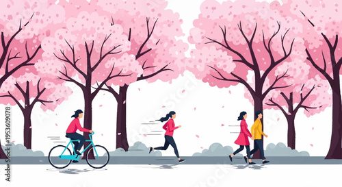 Serene spring scene with people enjoying a walk and biking beneath pink cherry blossom trees on a clear day