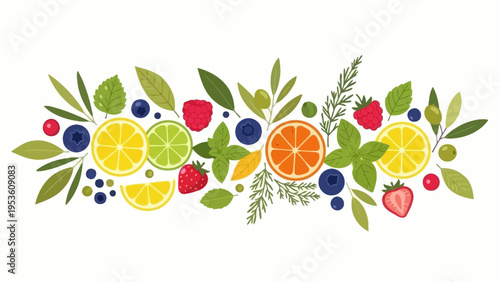 Colorful Citrus Fruits and Berries Illustration.