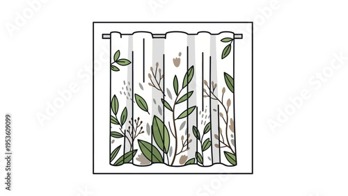 Curtain with Green Leaves Pattern Illustration.