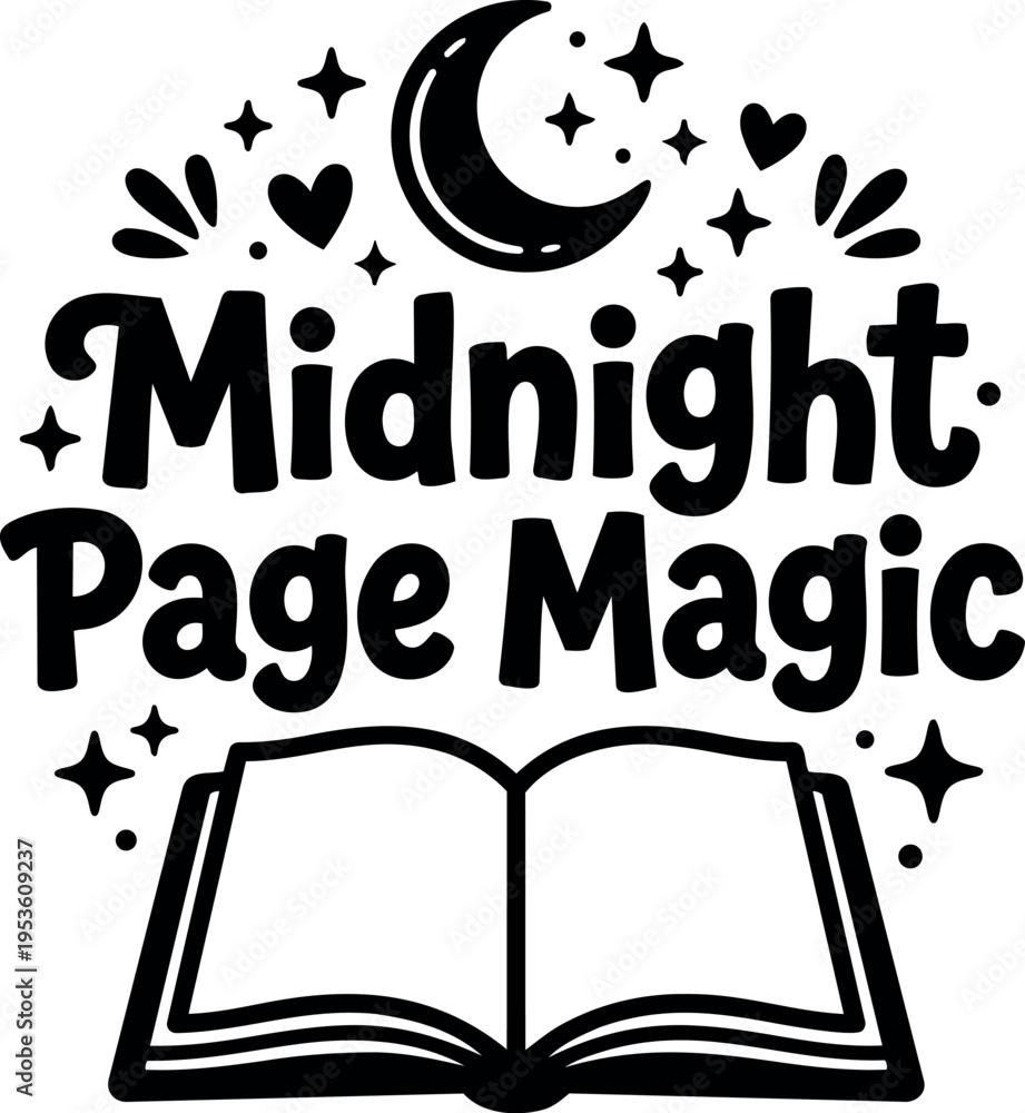 Fototapeta premium Midnight page magic lettering with open book and crescent moon vector art
