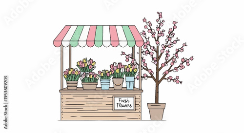 Charming outdoor plant shop with colorful flowers blooming in decorative containers and a blossoming tree against a clear sky