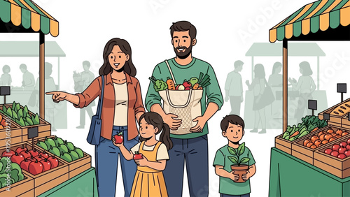 Family Shopping at Outdoor Fruit Market.