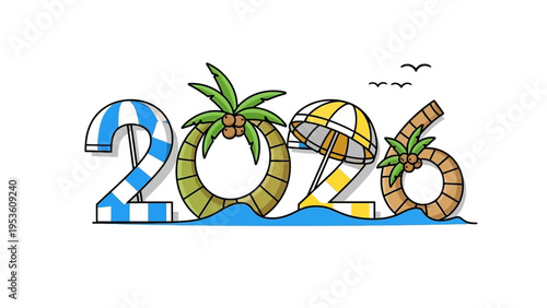 New Year 2026 Tropical Beach Theme Illustration.