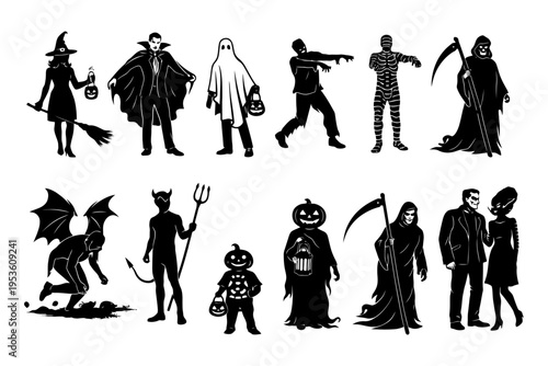 Silhouettes of halloween characters: witch, vampire, ghost, zombie, mummy, grim reaper.