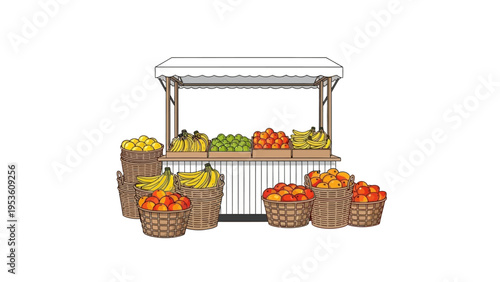 Fresh Fruit Stand with Colorful Produce Baskets.