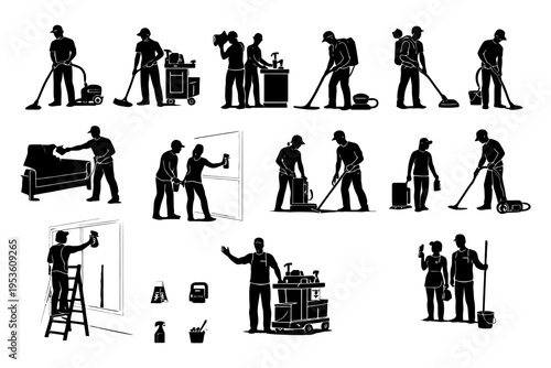 Silhouette illustrations of diverse cleaning professionals engaged in various tasks.