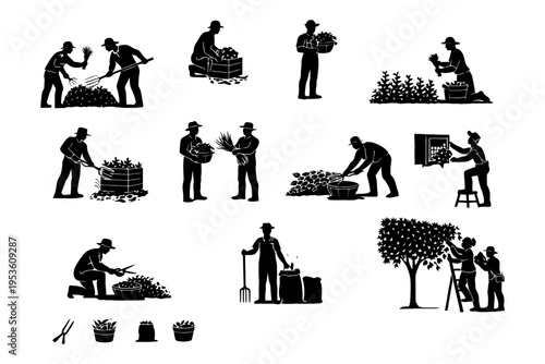 Silhouette illustrations of farmers and gardeners in various activities.